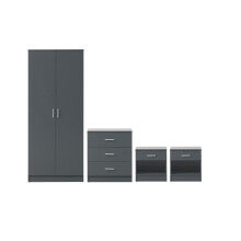 Rio Costa Modern Dark Grey 4-Piece Bedroom Set: 2-Door Wardrobe, 3-Drawer Chest & 2 Bedside Tables with Chrome Handles