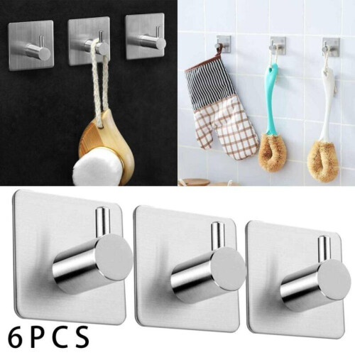 6X Self Adhesive Hooks Sticky Wall Hanger Bathroom Robe Towel Metal Kitchen Hook