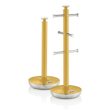 Swan Retro Towel Pole and Mug Tree Set 6 Mug Capacity Non-Slip Bases Kitchen Storage Easy Clean - Yellow