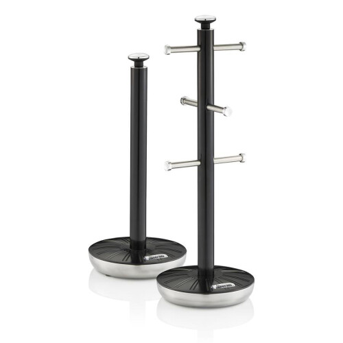Swan Swan Retro Towel Pole and Mug Tree Set 6 Mug Capacity Non-Slip Bases Kitchen Storage Easy Clean - Black