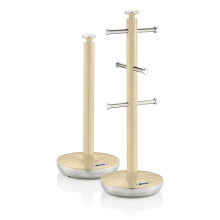 Swan Retro Towel Pole and Mug Tree Set 6 Mug Capacity Non-Slip Bases Kitchen Storage Easy Clean - Cream