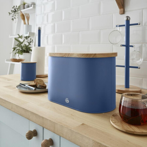 Swan Swan Nordic Oval Bread Bin w/Bamboo Cutting Board Lid Scandi Carbon Steel Soft Touch - Blue 2
