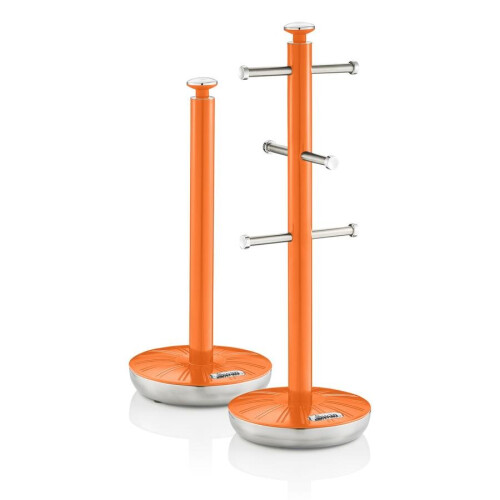 Swan Swan Retro Towel Pole and Mug Tree Set 6 Mug Capacity Non-Slip Bases Kitchen Storage Easy Clean - Orange
