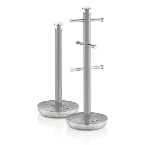 Swan Swan Retro Towel Pole and Mug Tree Set 6 Mug Capacity Non-Slip Bases Kitchen Storage Easy Clean - Grey