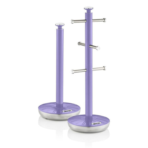 Swan Swan Retro Towel Pole and Mug Tree Set 6 Mug Capacity Non-Slip Bases Kitchen Storage Easy Clean - Purple