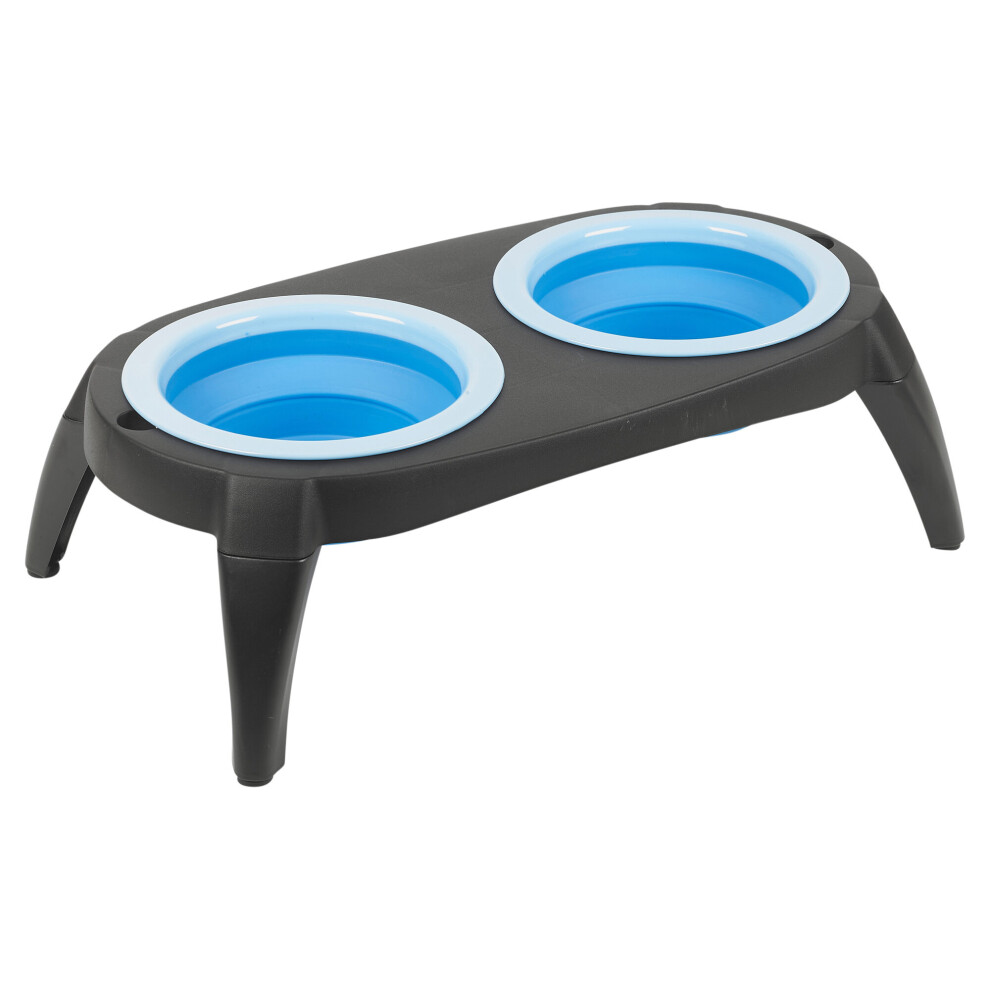 (Blue) 2 Collapsible Rubber Pet Bowls With Plastic Stand