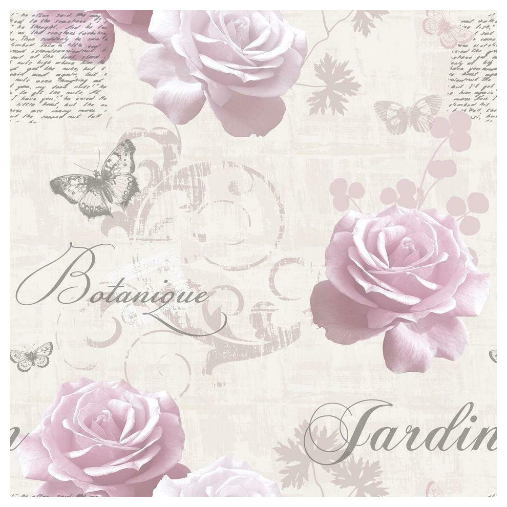 Muriva Botanical Garden Wallpaper Pink Rose Script Floral Butterfly