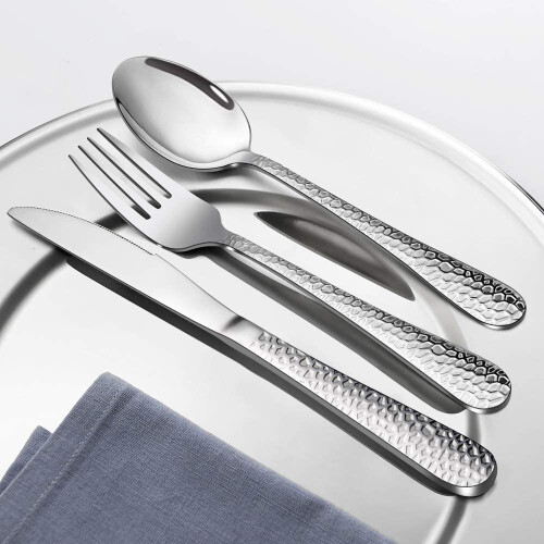 24 Piece Cutlery Set Stainless Steel Hammered Flatware Knife Fork 1