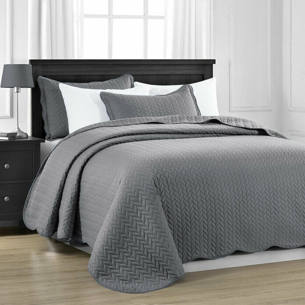 (Grey, Double) Luxury Quilted Bedspread Throw Set 3 PCs Bed Cover