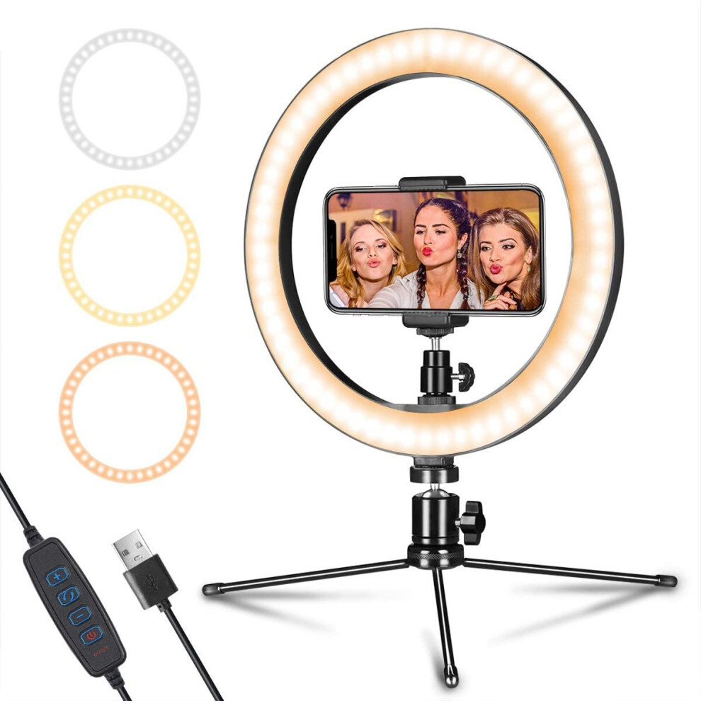 LED Ring Light 10" with Tripod Stand & Phone Holder for Live Streaming & YouTube Video, Dimmable Desk Makeup Ring Light for Photography