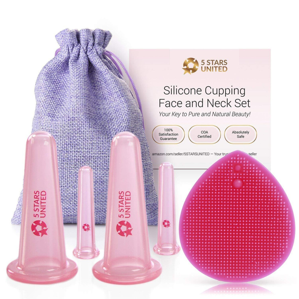 Silicone Facial Cupping Therapy Set - Eye and Face Vacuum Massage Cup Kit. 4 Cups + Free Exfoliating Brush. Anti-Wrinkle and Anti-Aging Effect. 100% H