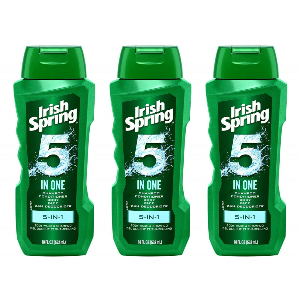 Irish Spring Body Wash & Shampoo - 5 in 1 - Net Wt. 18 FL OZ (532 mL) Per  Bottle - Pack of 3 Bottles