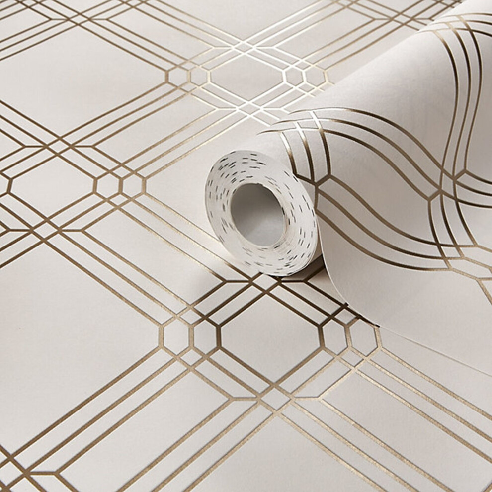 Grandeco Champagne Lattice Diamond Tiles Geometric Metallic Embossed Wallpaper