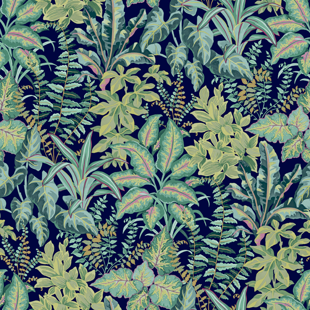 Grandeco Calathea Teal Tropical Wallpaper Navy Palm Tree Leaf Green Grey Vinyl