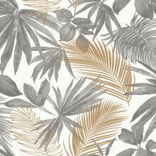 (JF3601 Grey Gold) Grandeco Jungle Tropical Wild Metallic Palm Leaves Leaf Wallpaper Exotic Vinyl