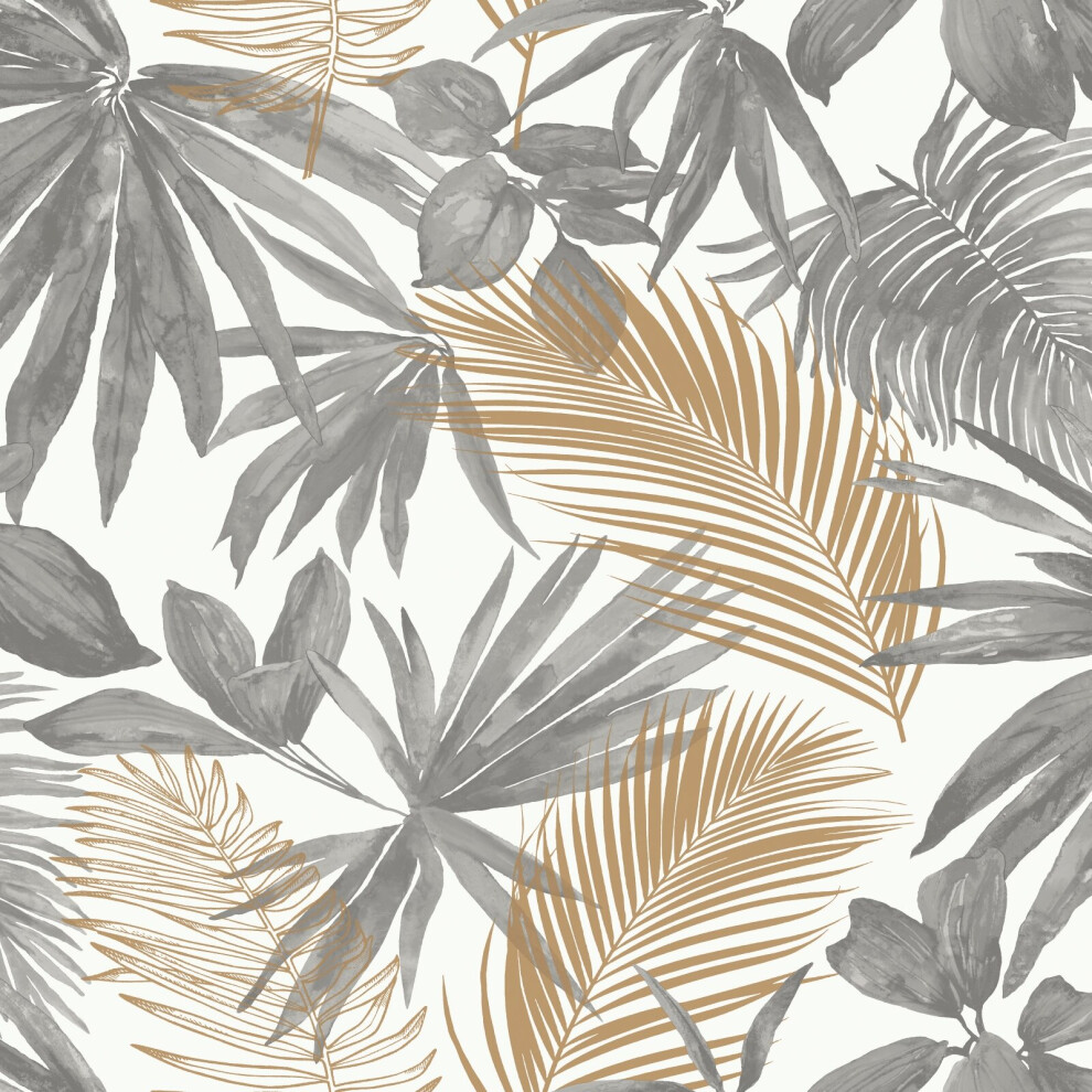 Grandeco (Jf3601 Gold) Jungle Tropical Wild Metallic Palm Leaves Leaf Wallpaper Exotic Vinyl Grey/Gold