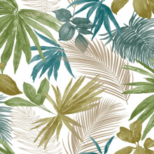 (JF3602 Green Teal Blue Gold) Grandeco Jungle Tropical Wild Metallic Palm Leaves Leaf Wallpaper Exotic Vinyl