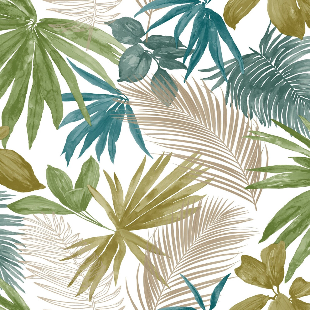 (Jf3602 Green Teal Blue Gold) Grandeco Jungle Tropical Wild Metallic Palm Leaves Leaf Wallpaper Exotic Vinyl 5411012453381