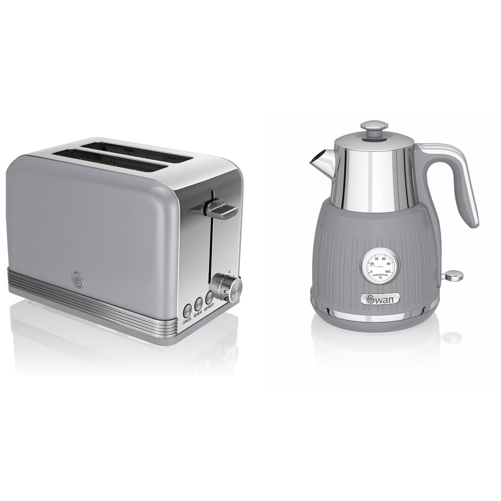 Swan Stylish Kitchen Retro GREY 1.5L Kettle w Temperature Dial and 2 Slice Toaster