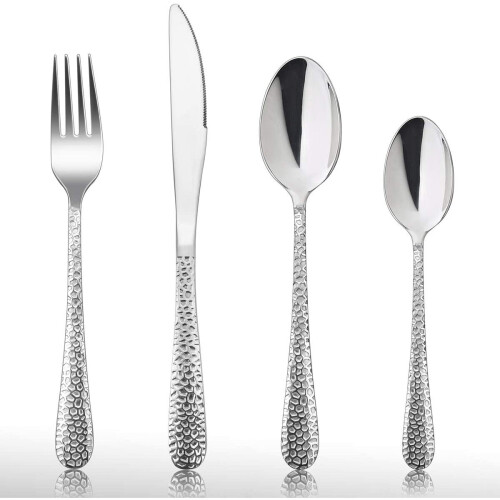 24 Piece Cutlery Set Stainless Steel Hammered Flatware Set Service for