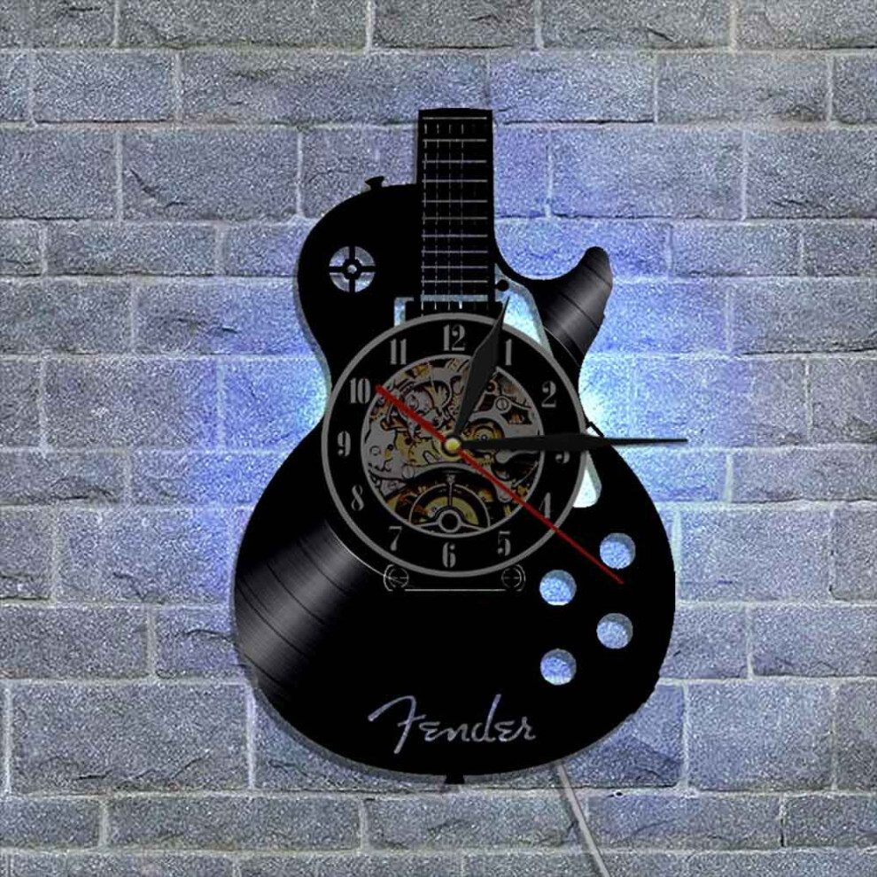 (Classic Guitar) Vinyl Record Hollow Black LED Wall Clock  Classic Guitar Microphone Logo