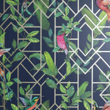 (908003 Navy Blue Gold) Arthouse Deco Tropical Metallic Birds Geometric Geo Wallpaper Trellis Leaves