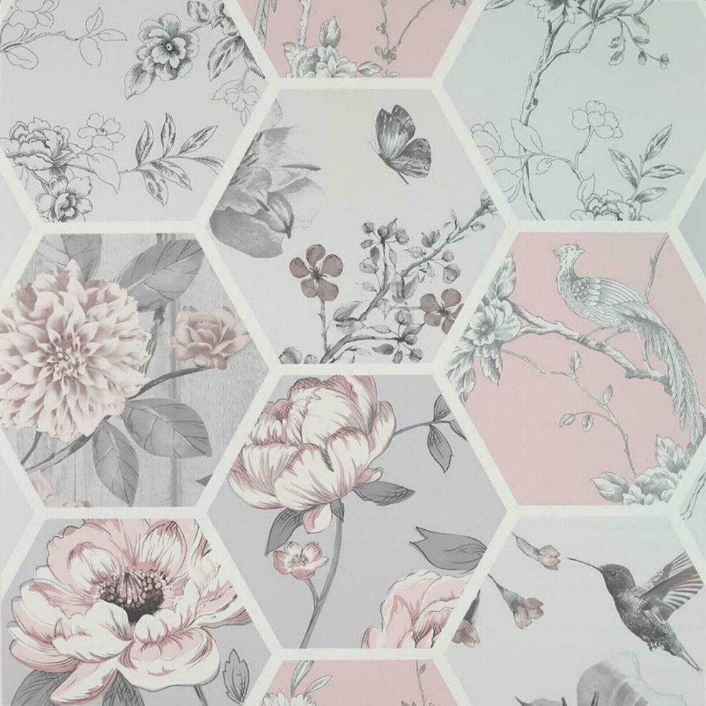 (908904 Pink) Arthouse Chinoise Decoupage Wallpaper Birds Floral Geometric Patchwork Flowers