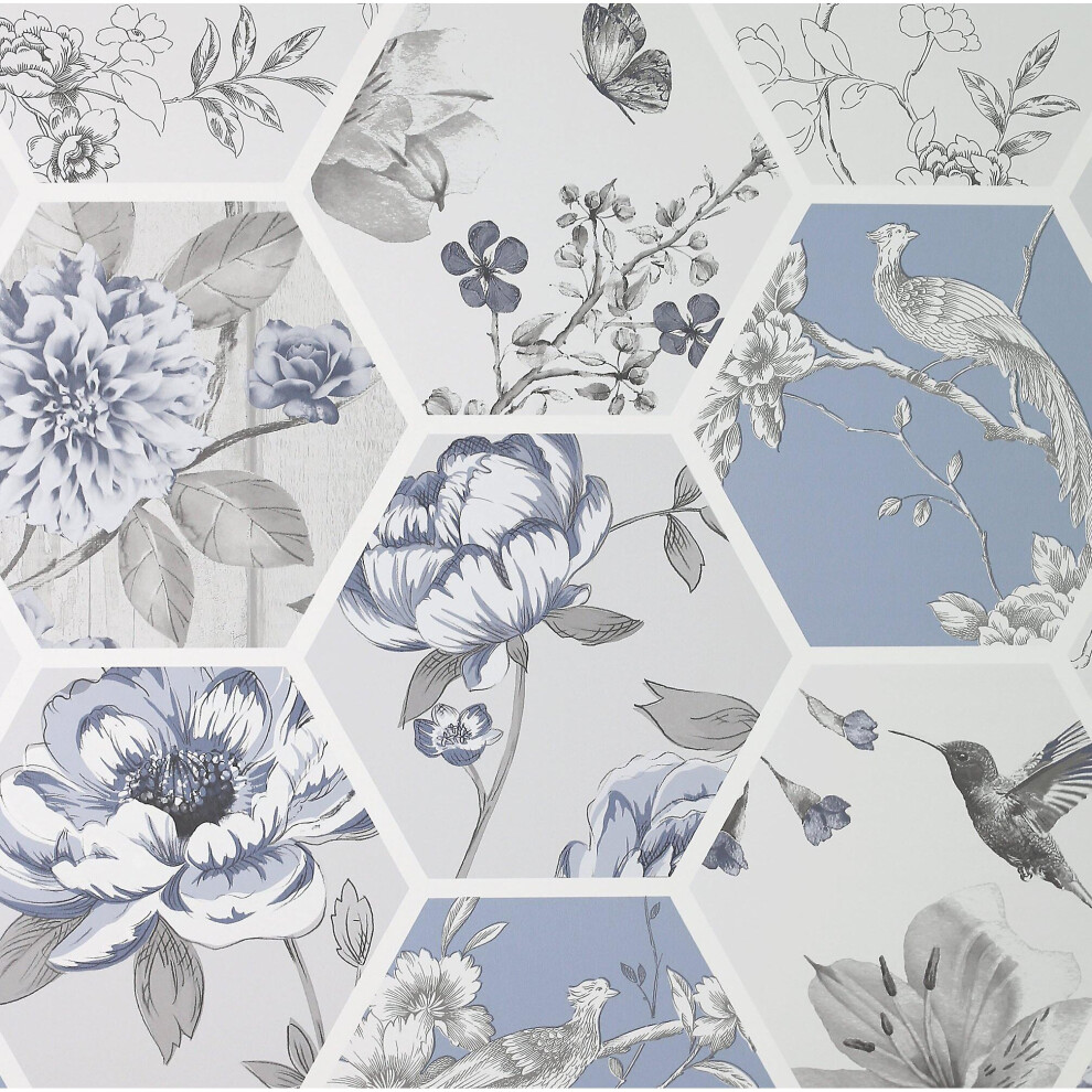 (908903 Blue) Arthouse Chinoise Decoupage Wallpaper Birds Floral Geometric Patchwork Flowers