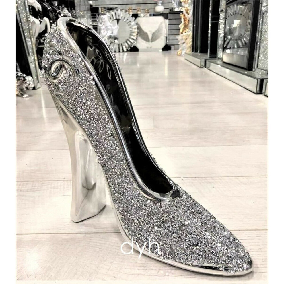 Tov Crushed Diamond Sparkly Heels Shoe Decoration Ornament Shelf Sitter Bling Silver