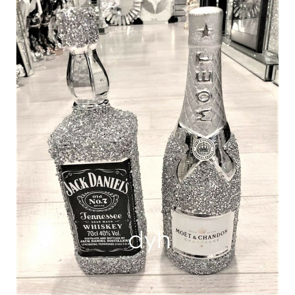 SET OF 2 SILVER CRUSHED DIAMOND BOTTLE CHAMPAGNE MOET JACK DANIEL