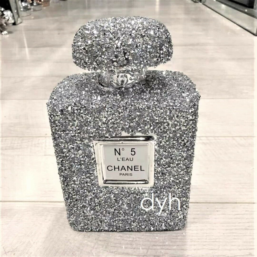 XL SILVER CRUSHED DIAMOND SPARKLY PERFUME BOTTLE ORNAMENT SHELF  BLING