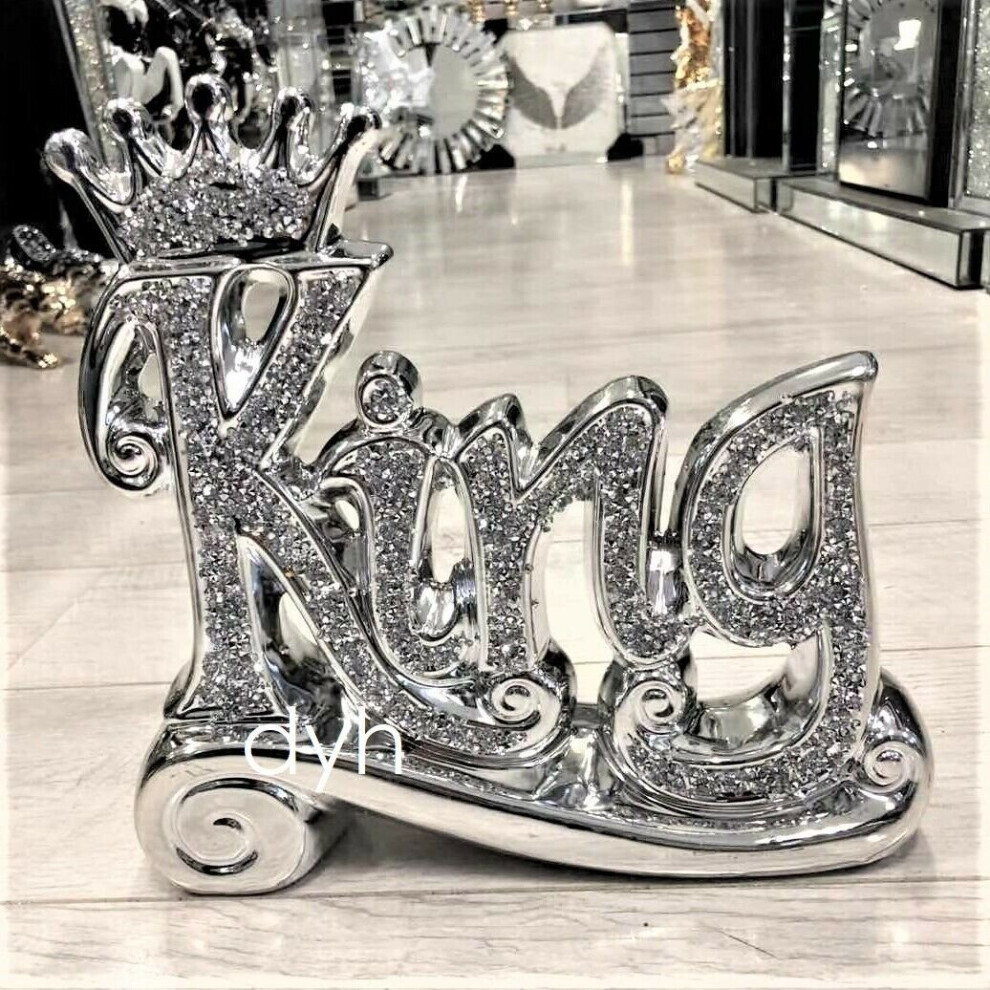 SILVER CRUSHED DIAMOND SPARKLY CROWN KING QUEEN ORNAMENT SHELF SITTER BLING