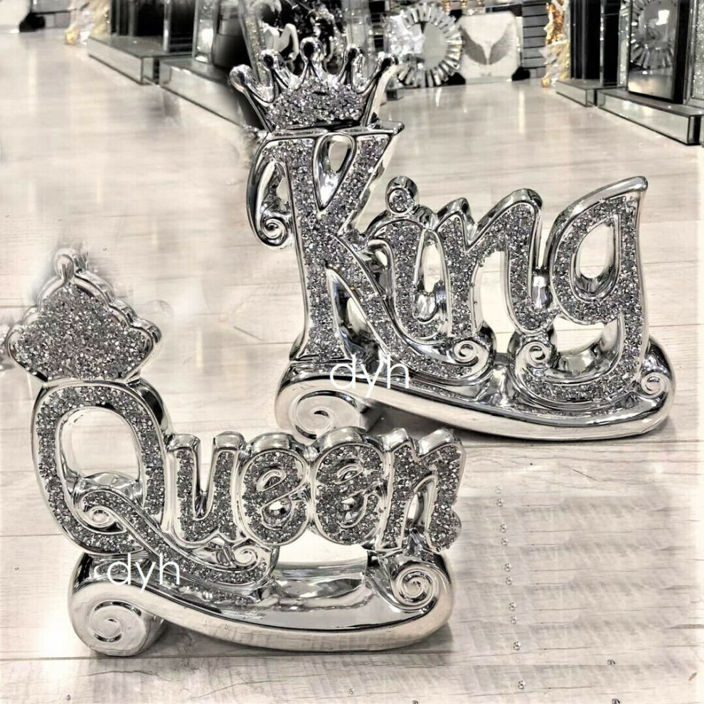 SILVER CRUSHED DIAMOND SPARKLY CROWN KING QUEEN ORNAMENT SHELF SITTER BLING