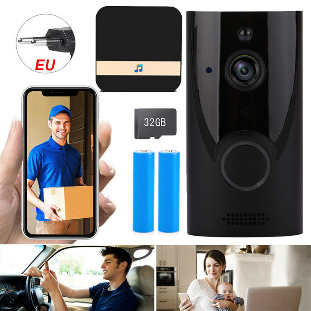 (Black+Batteries+32G+Chime) Smart Video Doorbell WiFi Wireless Intercom Door Ring Bell Security Camera 1080P