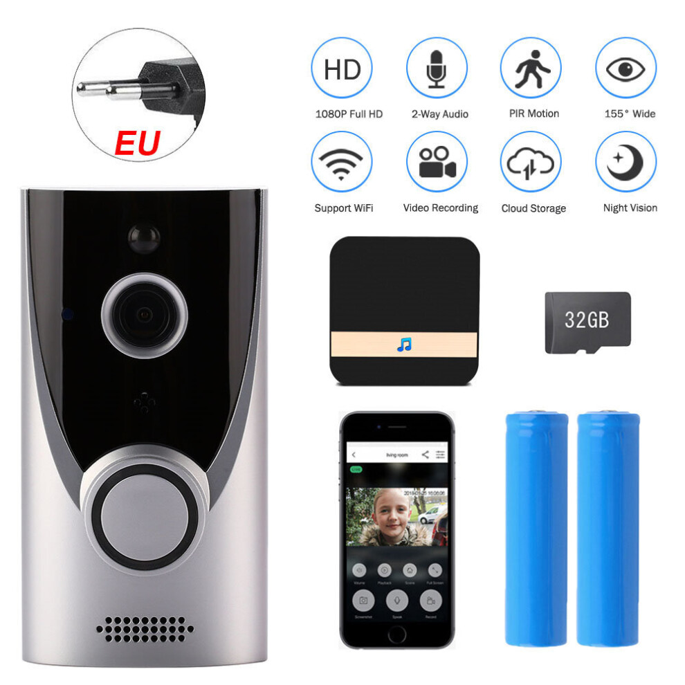 (Silver+Batteries+32G+Chime) Smart Video Doorbell WiFi Wireless Intercom Door Ring Bell Security Camera 1080P