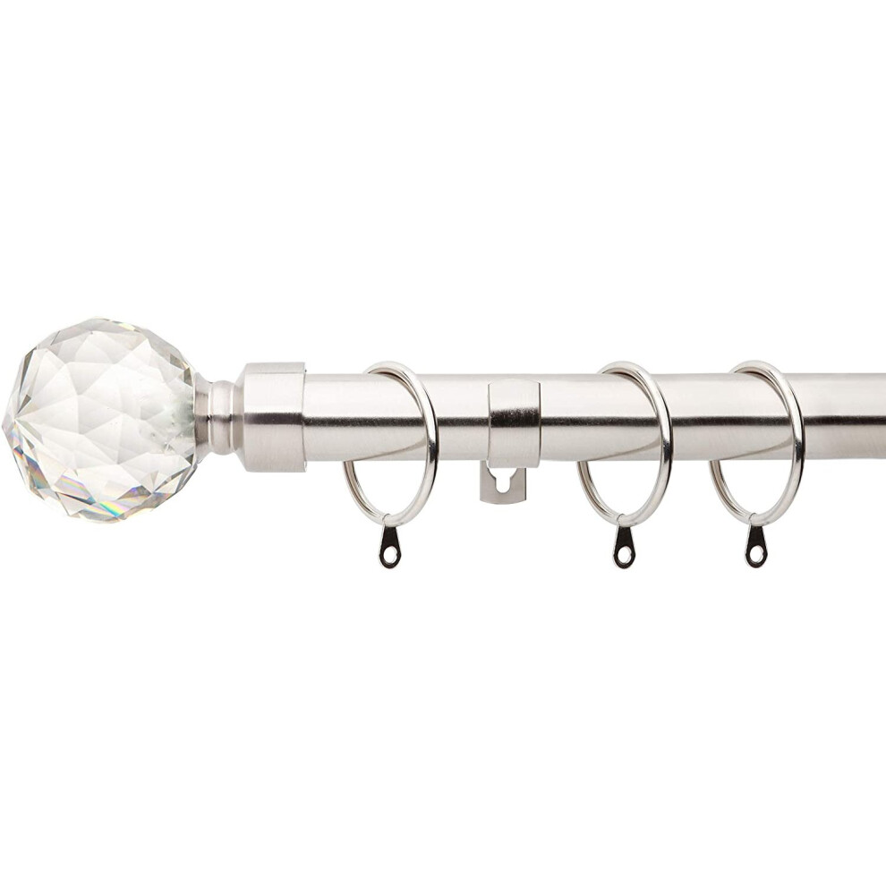 (Brushed Steel, 70cm - 120cm, 28" to 47" Approx) A.Unique Home Gem Crystal Ball Metal Extendable Curtain Pole with Rings and Fittings, In a Variety of