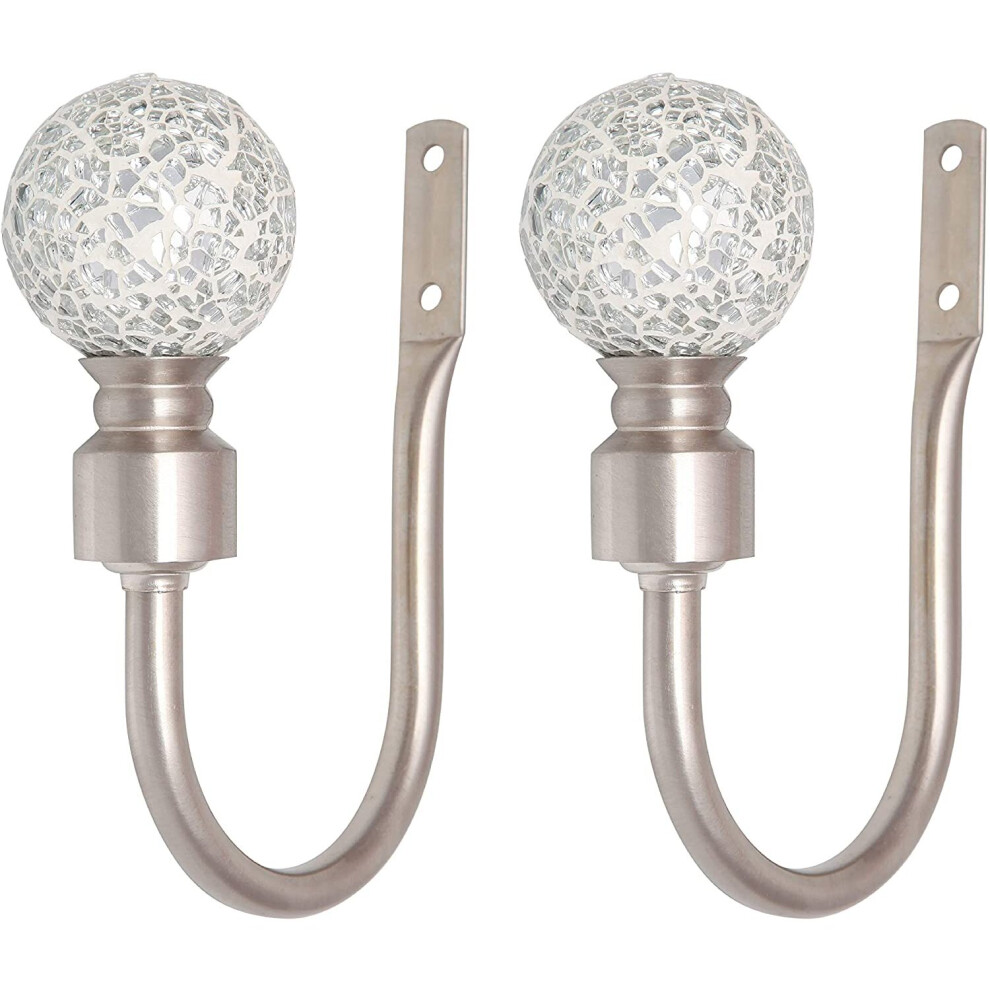 (Brushed Steel, Holdbacks) A.Unique Home Crackle Ball Metal Extendable Curtain Pole with Rings and Fittings, In a Variety of Colours and Sizes (25/28m