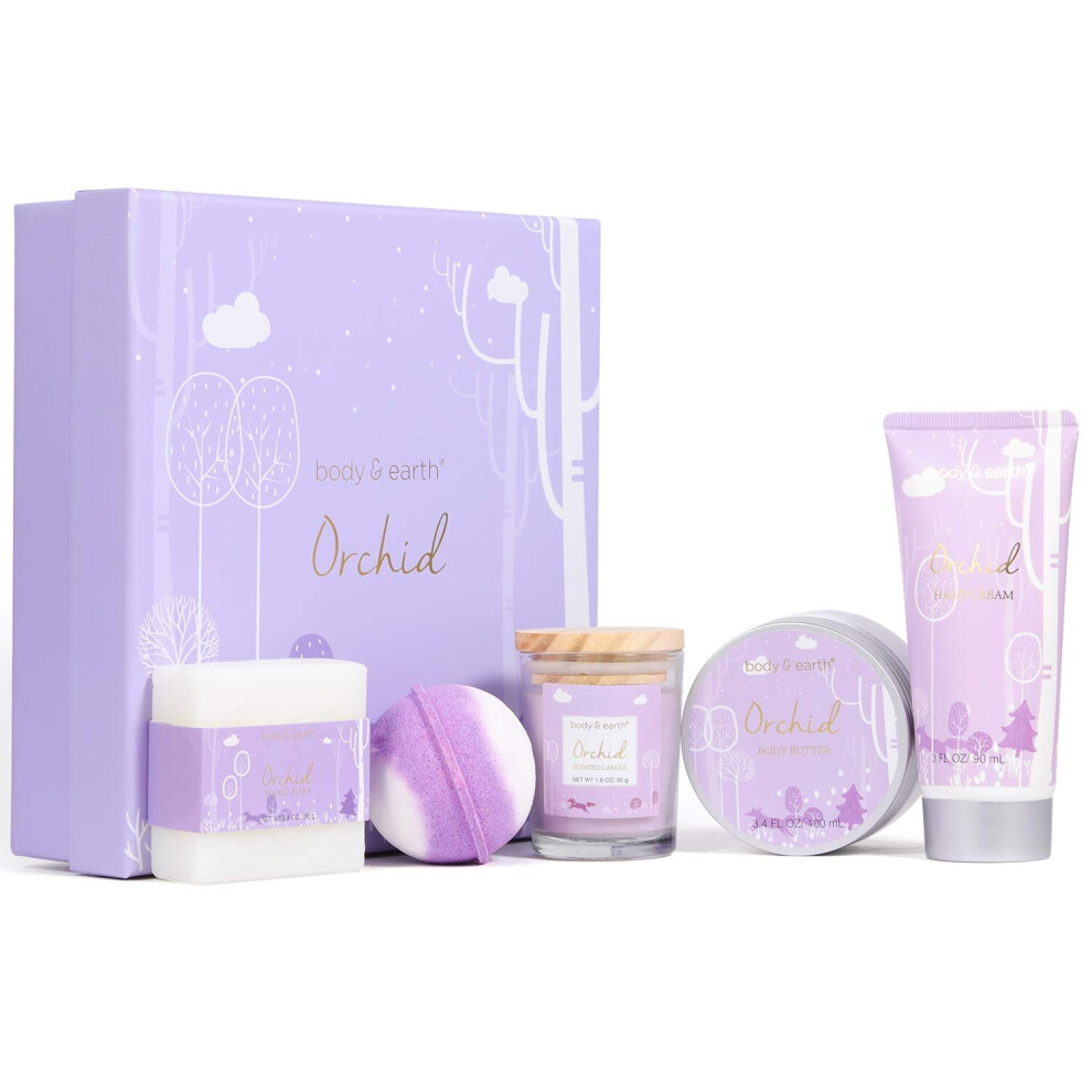 Bath Gift for Women, Gift Box for Women, 5 Piece Bath and Body Set with Orchid Scented Includes Scented Candle, Body Butter, Hand Cream, Bath Bar and