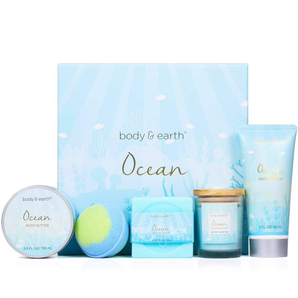 Gifts for Women - 5Pcs Gifts for her with Ocean Scent, Includes Scented Candle, Body Butter, Hand Cream, Bath Bar and Bomb, Birthday Gifts for Women