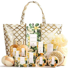 Spa Luxetique Spa Gift Basket, Vanilla Gift Baskets for Women, Luxury 15 Pcs Bath Gift Set, Relaxing at Home Bath Set with Massage Oil, Bath Salt, Bub