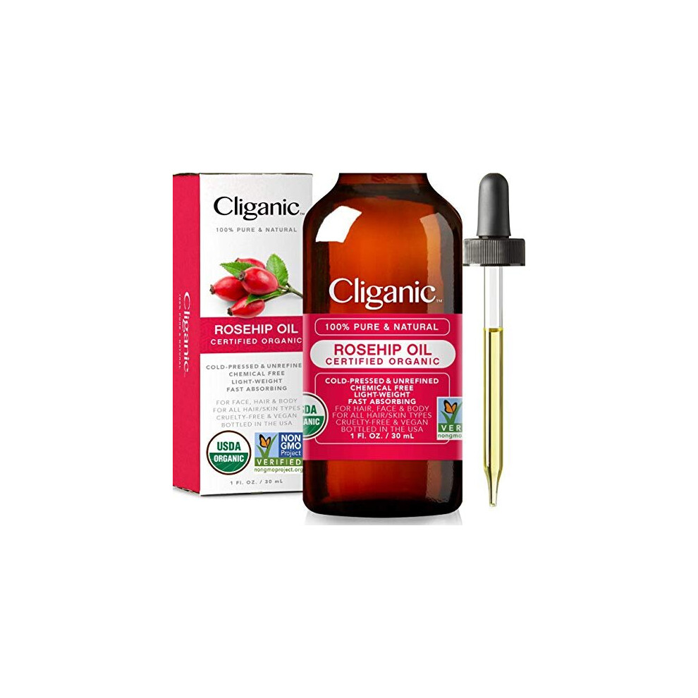 Cliganic USDA Organic Rosehip Seed Oil for Face, 100% Pure | Natural Cold Pressed Unrefined Non-GMO | Carrier Oil for Skin, Hair & Nails