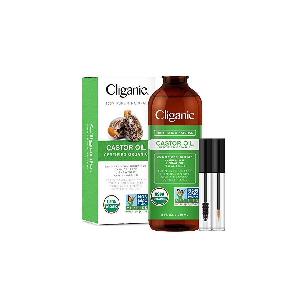 Cliganic USDA Organic Castor Oil, 100% Pure (8oz with Eyelash Kit) - For Eyelashes, Eyebrows, Hair & Skin | Natural Cold Pressed Unrefined Hexane-Free