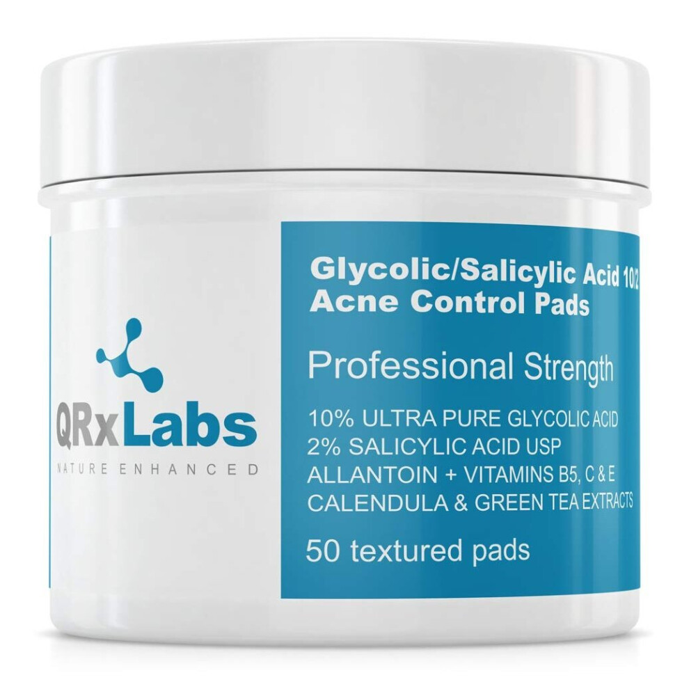 Glycolic/Salicylic Acid 10/2 Acne Control Pads with 10% Ultra Pure Glycolic Acid + 2% Salicylic Acid, Allantoin, Vitamins B5, C & E, Calendula & Green