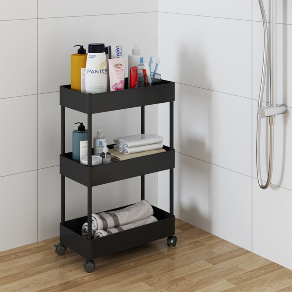 (Black, 3 Tiers) Kitchen Trolley Basket Rack Veg Fruit Holder Shelf