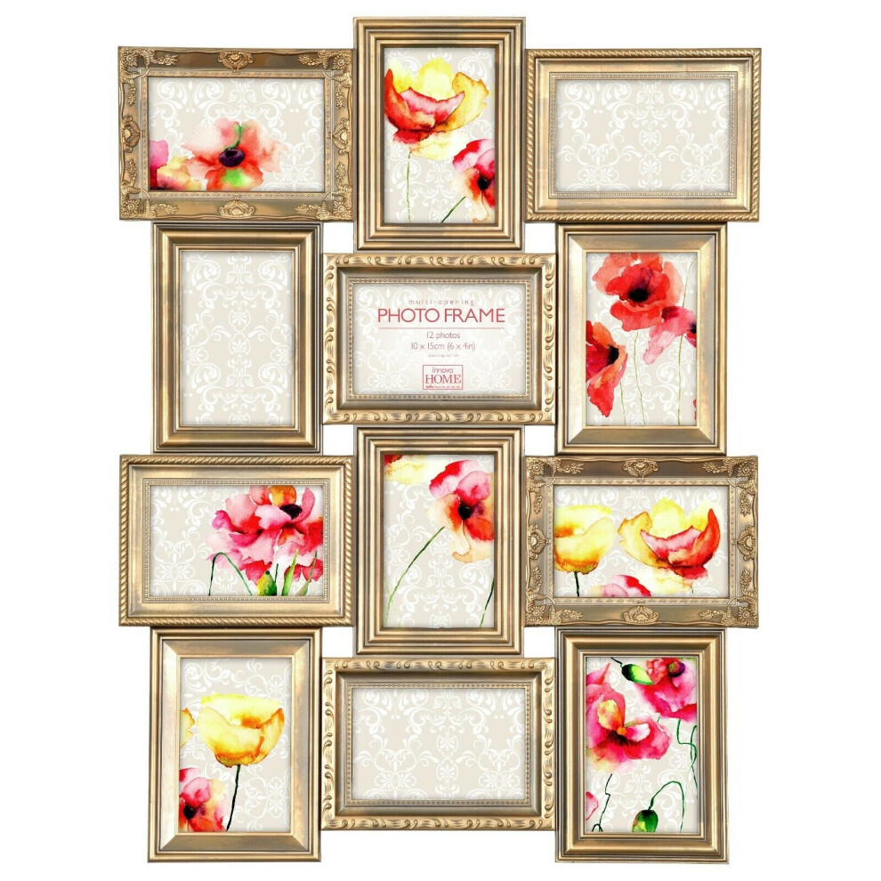 (Gold) Vintage Multi Aperture Photo Picture Frame Holds 12 X 6''X4'' Photos