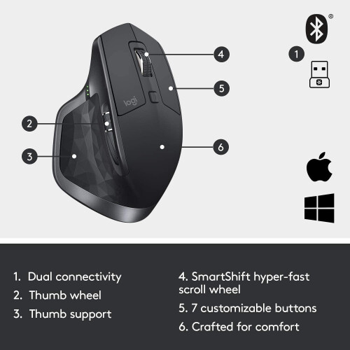 Logitech Logitech MX Master 2S Wireless Mouse,Use on Any Surface,Hyper-fast Scrolling,Ergonomic Shape,Rechargeable,Control up to 3 Apple Mac&Windows Computers 1