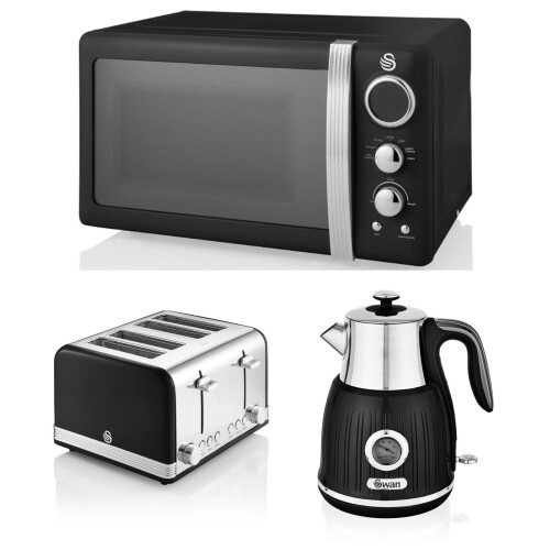 Swan Kitchen Retro Black Digital Microwave 1.5L Kettle w Dial & 4 Slice ...