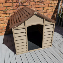 Large Brown Plastic Dog Kennel House - 86cm x 84cm x 82cm, Waterproof, UV-Stabilized, Indoor/Outdoor, Tool-Free Clip Assembly