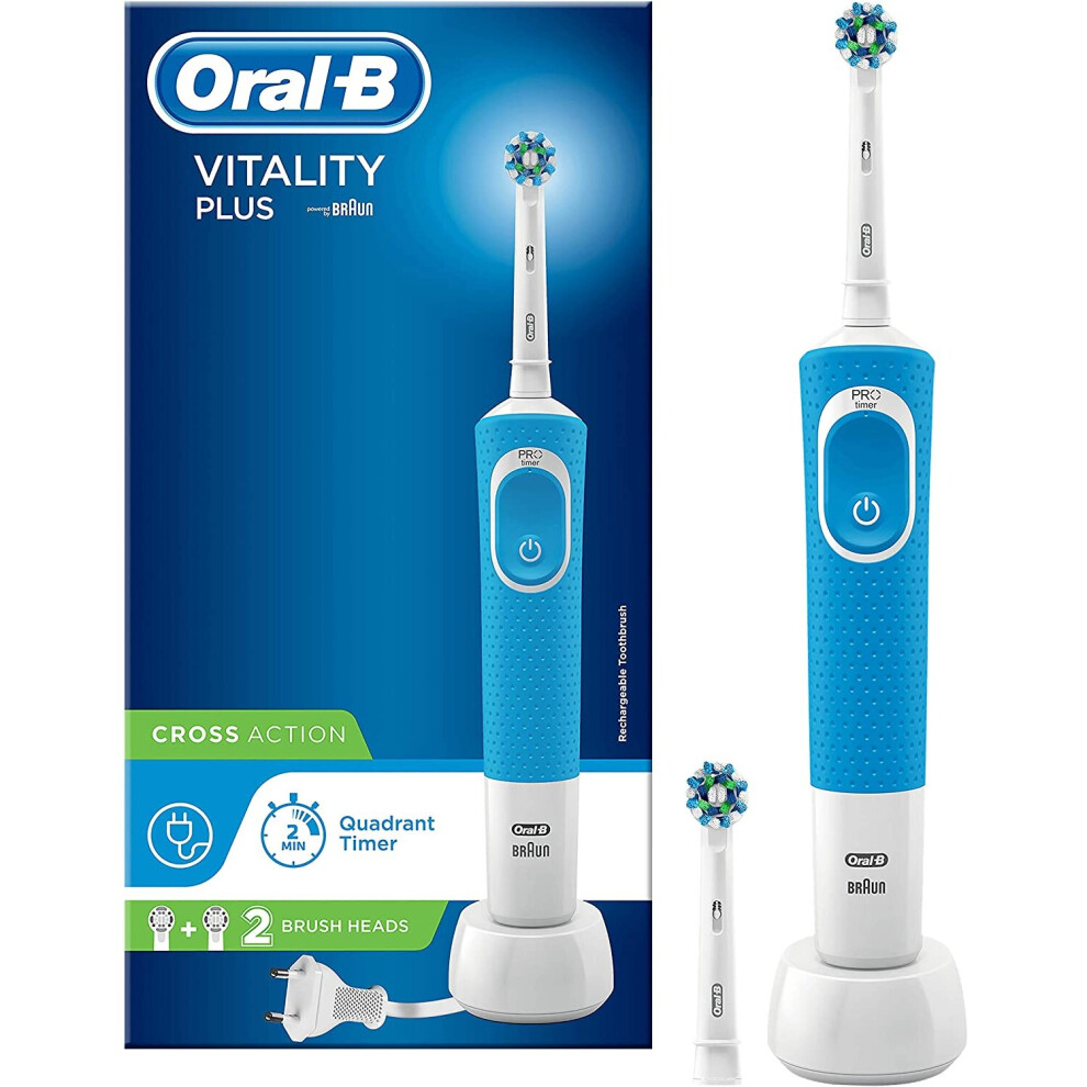 (Vitality Plus Cross Action) Oral-B Vitality Plus CrossAction Electric Rechargeable Toothbrush, 1 Blue Handle, 2 Brush Heads, UK 3 Pin Plug