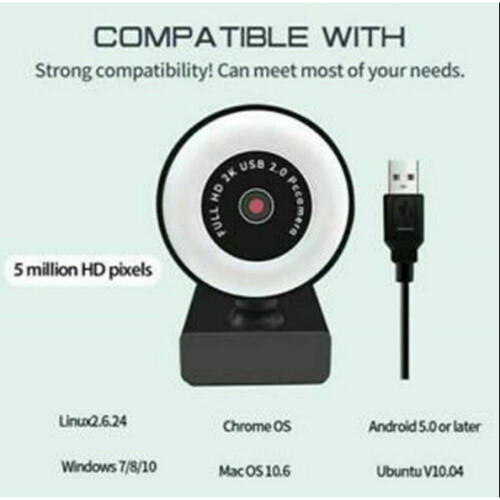 2K HD Autofocus USB 2.0 Webcam With LED Ring Light 360 Adjustable For PC/Laptop 2